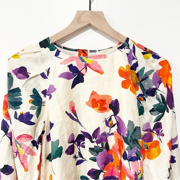 NWT SEZANE Erell Silk Long Sleeve Mini Dress in Floral Multicolored Print US 2 - Picture 7 of 12